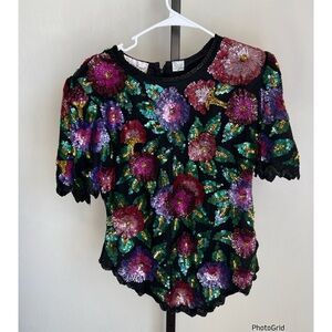 Laurence Kazar Vintage 80s Sequin Beaded Flower Top Glam Holiday small petite